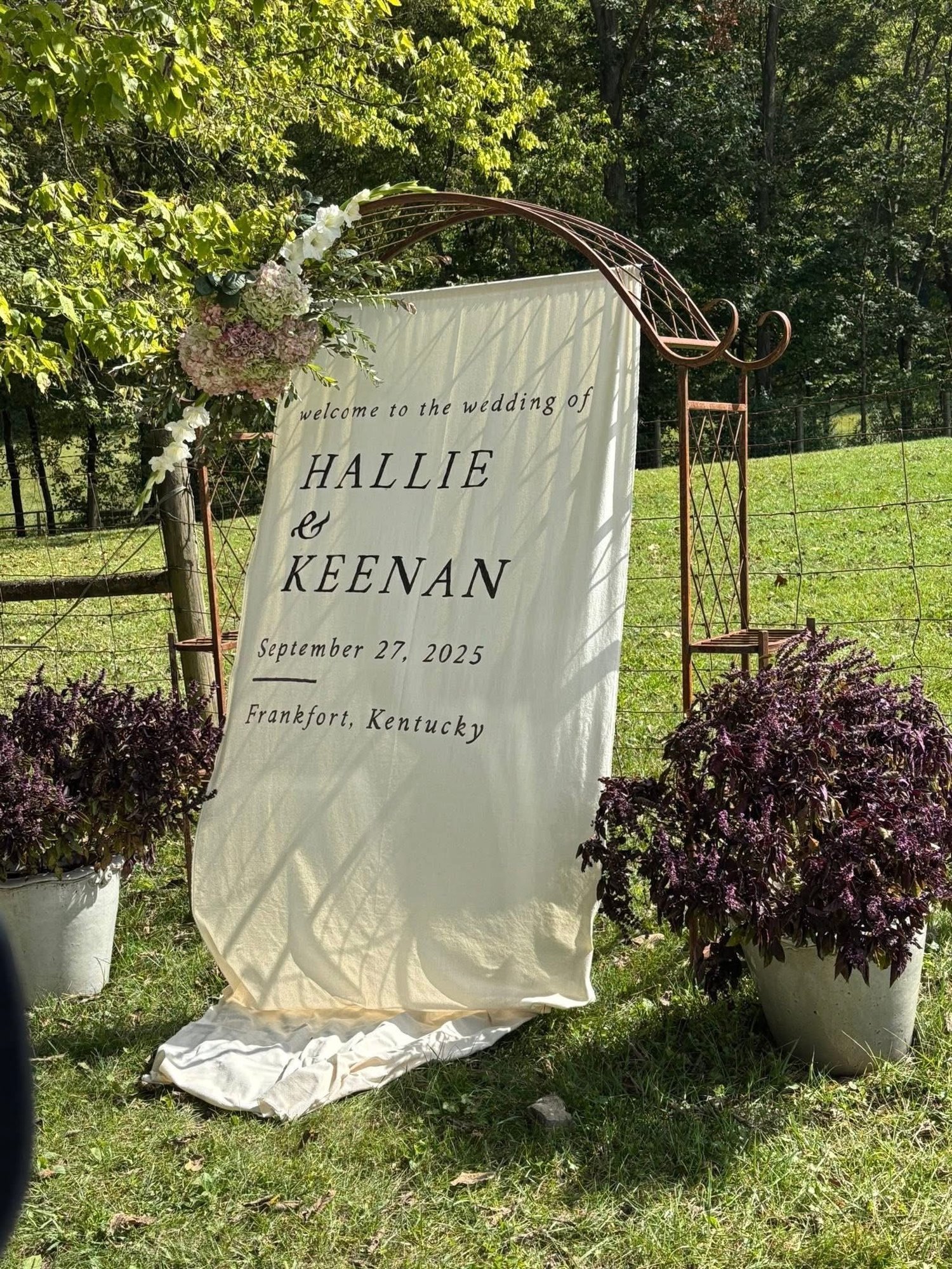 A wedding welcome sign on a rustic arch with hydrangeas and gladiolus